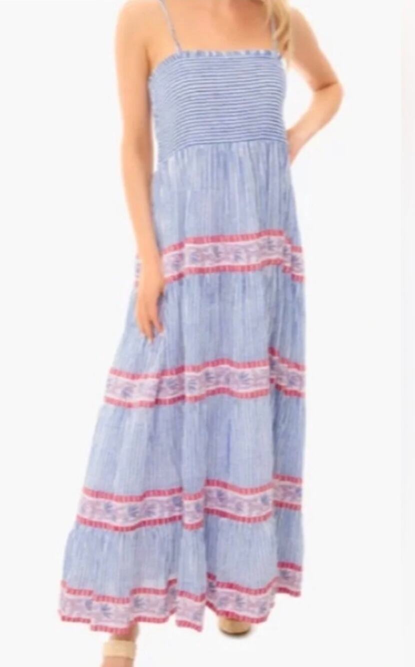 Oliphant Tuckernuck Smocked Back Maxi Dress Blue White Stripe Block Print S